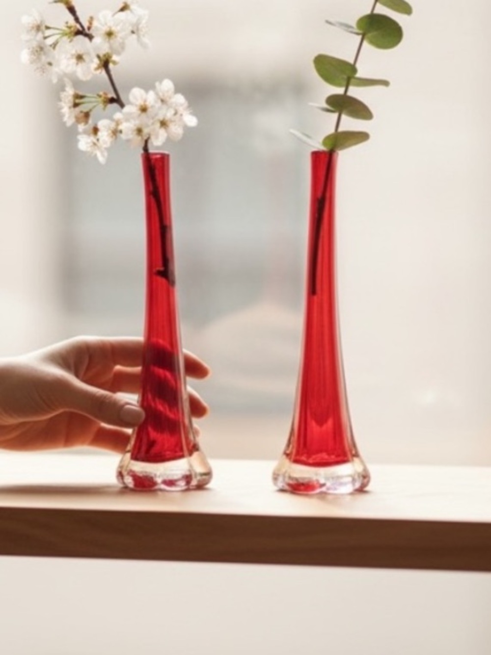 Vintage Red Blown Glass Bud Vases Art Glass Neck Stretch Floral Romantic Accents